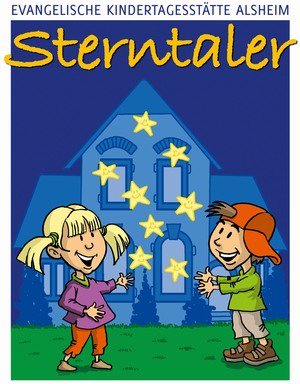 Logo der evangelischen Kindertagesstätte Alsheim: zu sehen sind zwei Kinder die Sterne in die Luft werfen. Darüber prangt Sterntaler in gelber Schrift